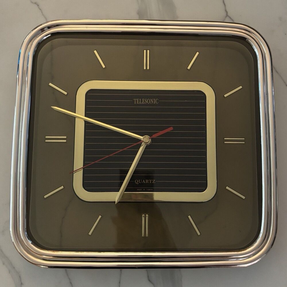 Telesonic Quartz Wall Clock Smoky Gray/Brass Finish Taiwan 1980’s Decor Tested